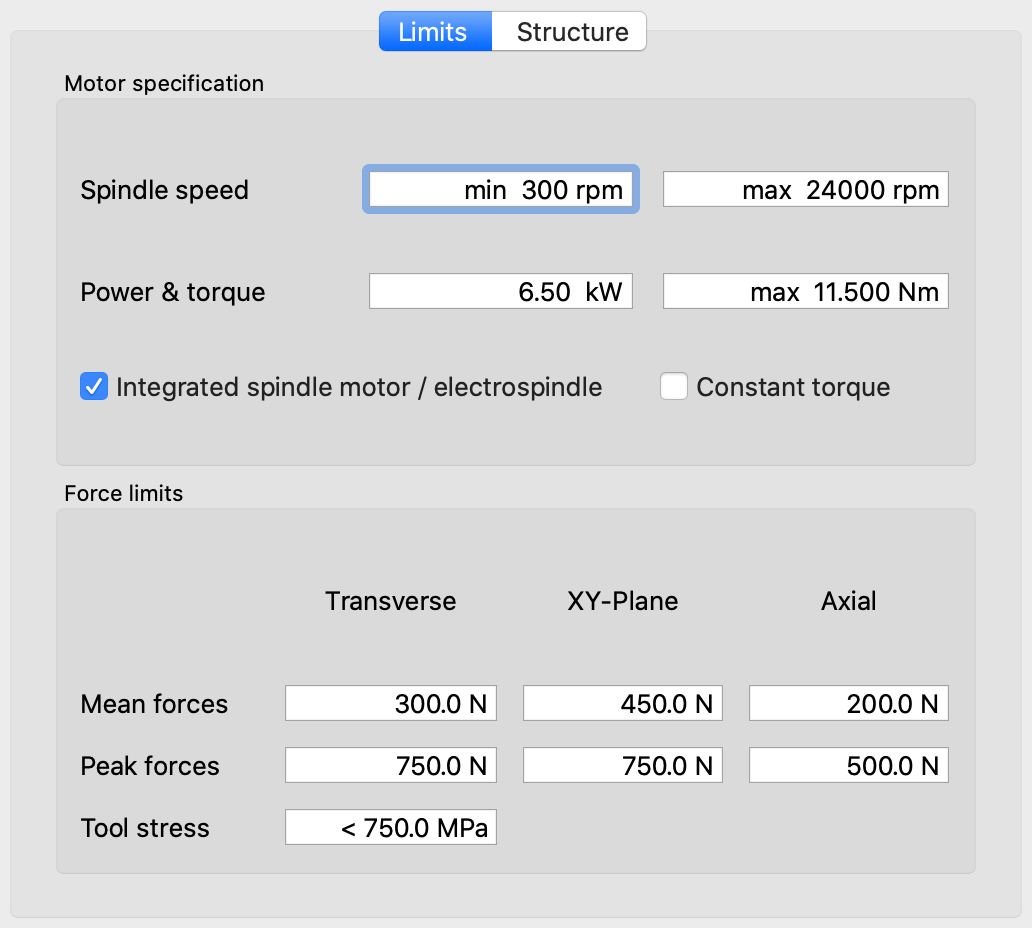 Machine limits dialog